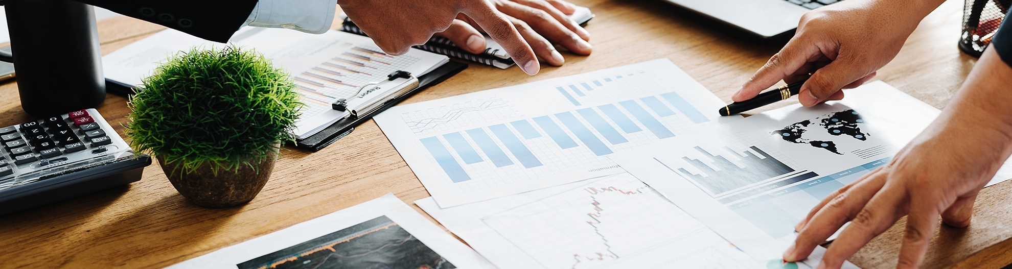 Closeup of professionals pointing at charts