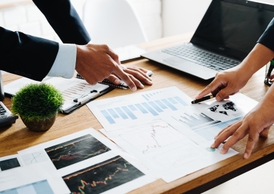 Closeup of professionals pointing at charts