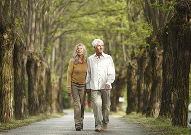 Couple walking down path in park